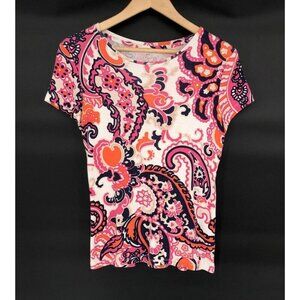 Talbots Paisley Print Pima Cotton T-Shirt Women S Orange Pink Y2k Boho Bohemian